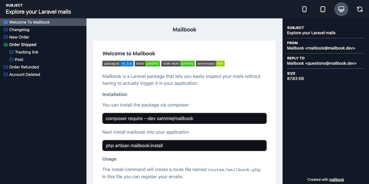 Screenshot of Mailbook views
